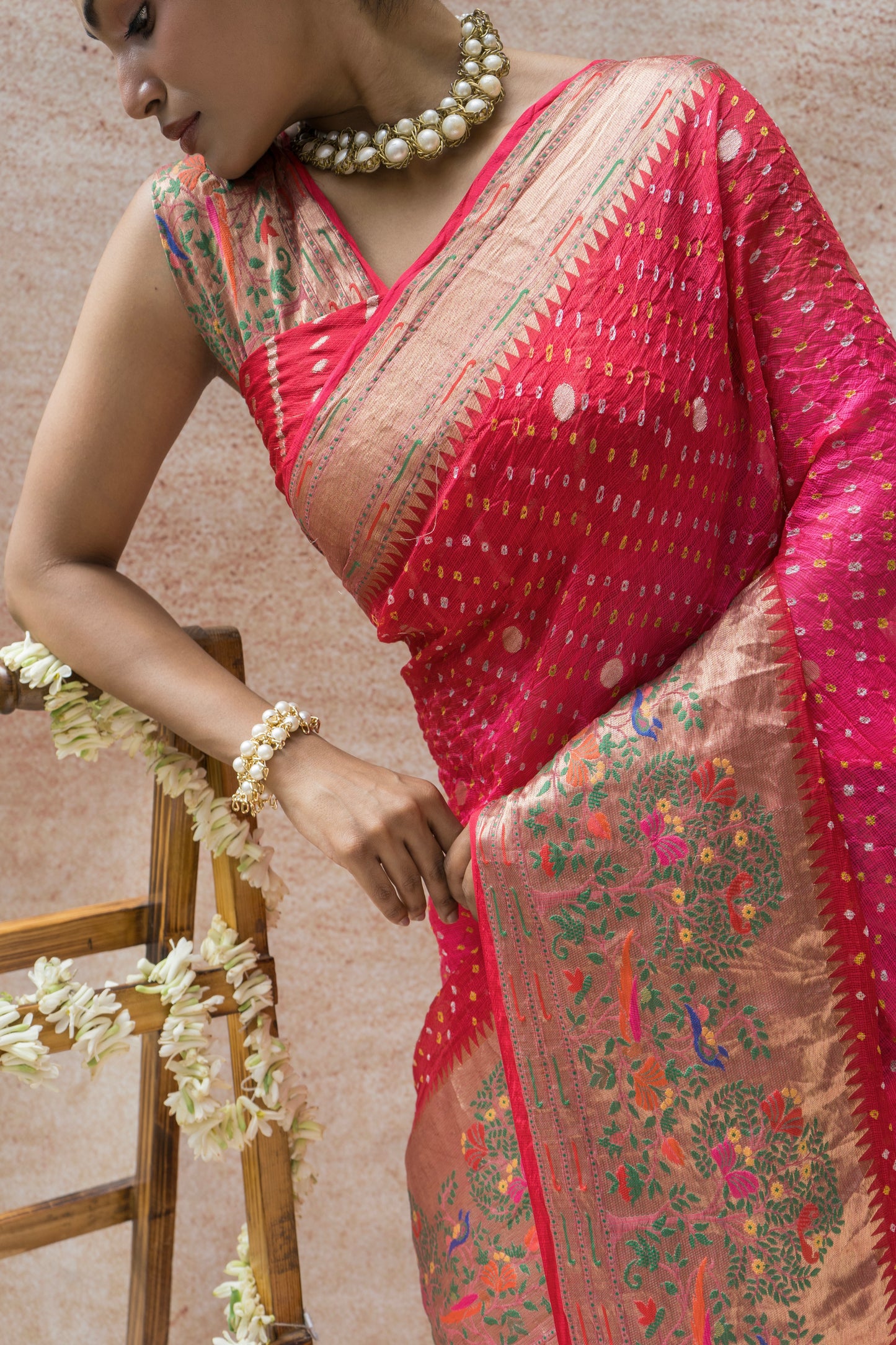 Kota Doria Meenakari Bandhej Red Saree