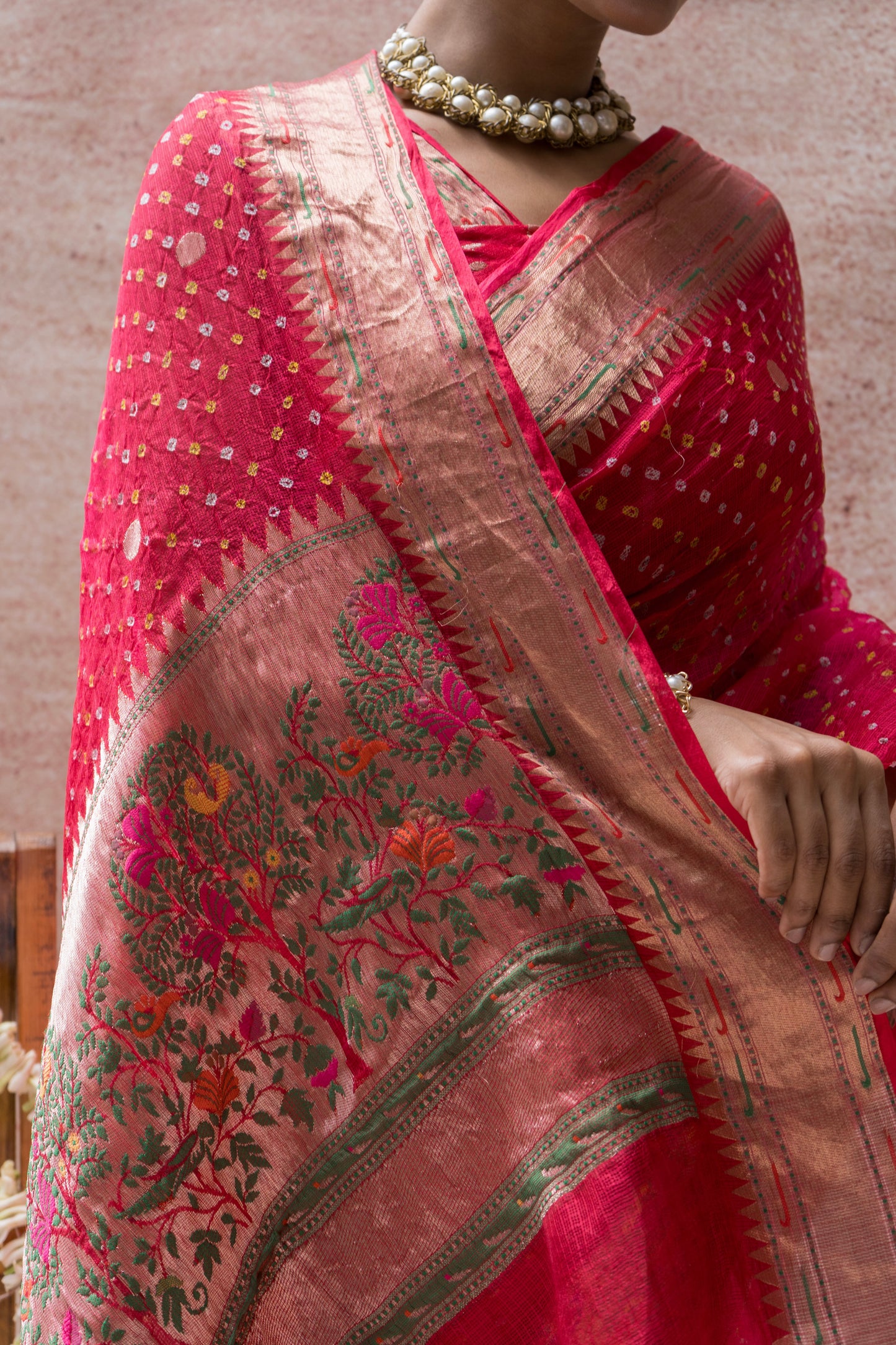 Kota Doria Meenakari Bandhej Red Saree
