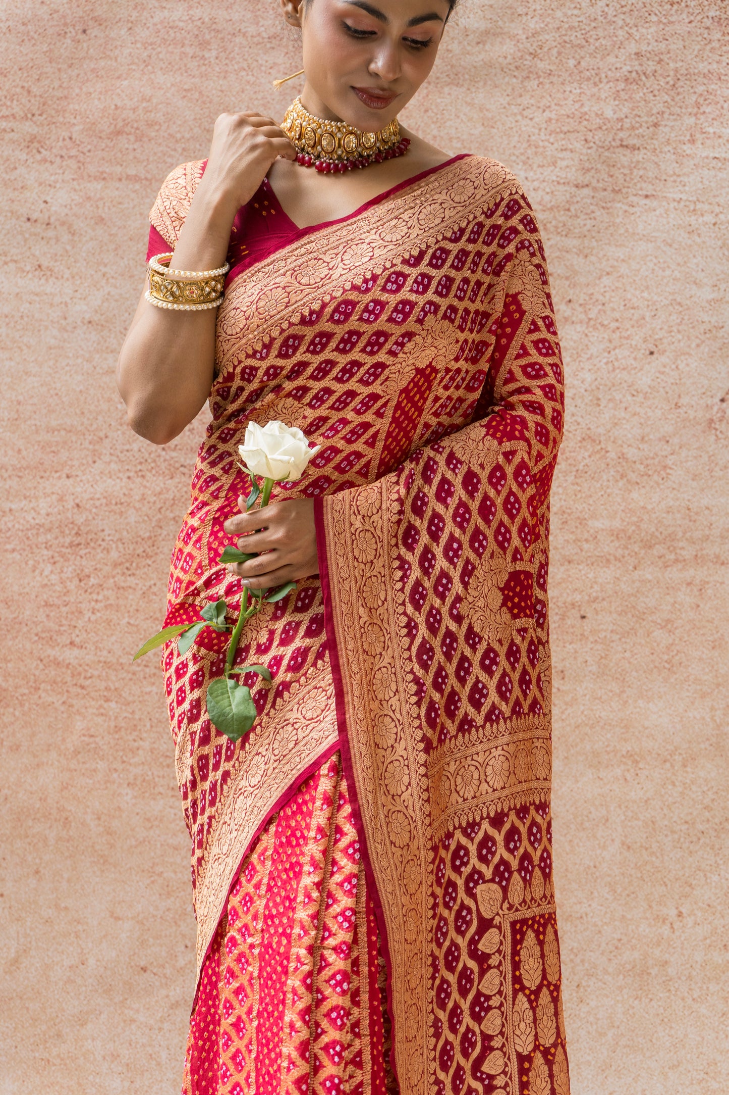 Georgette Neemzari Stripes Jaal Bandhej Red Saree
