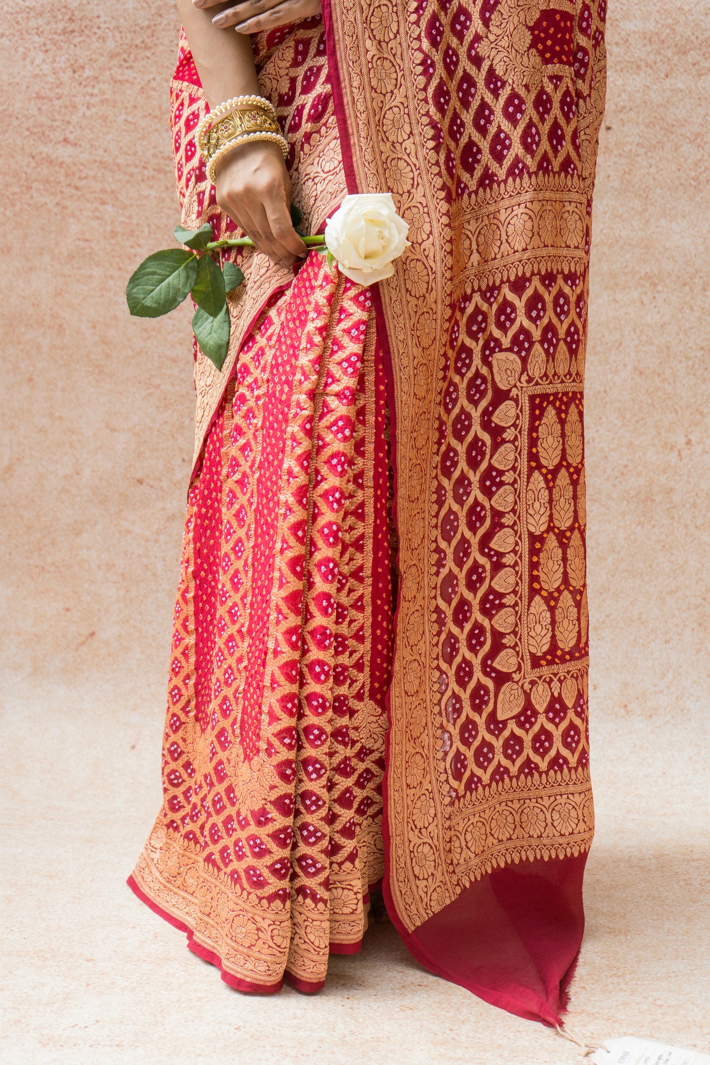 Georgette Neemzari Stripes Jaal Bandhej Red Saree