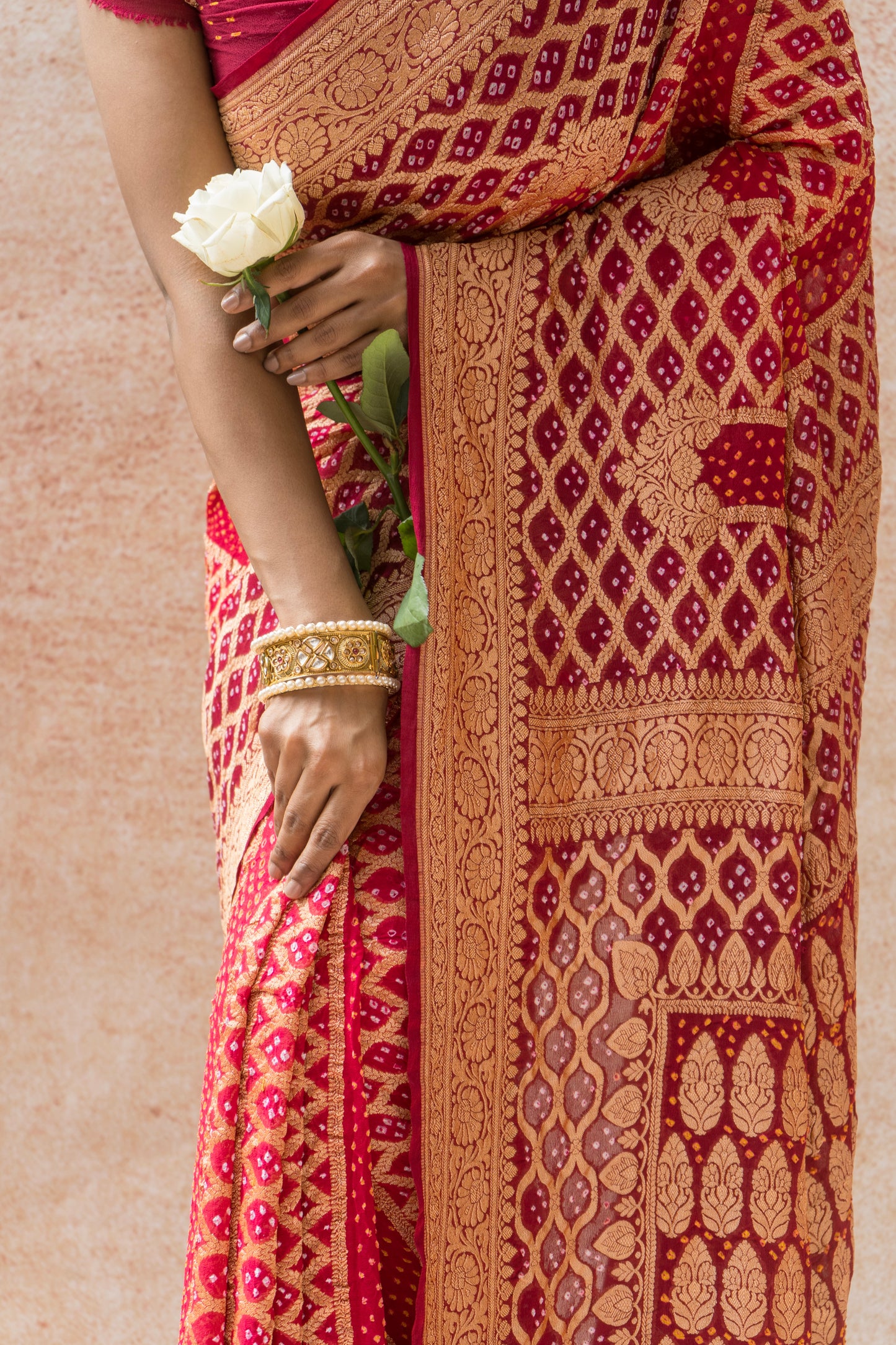 Georgette Neemzari Stripes Jaal Bandhej Red Saree