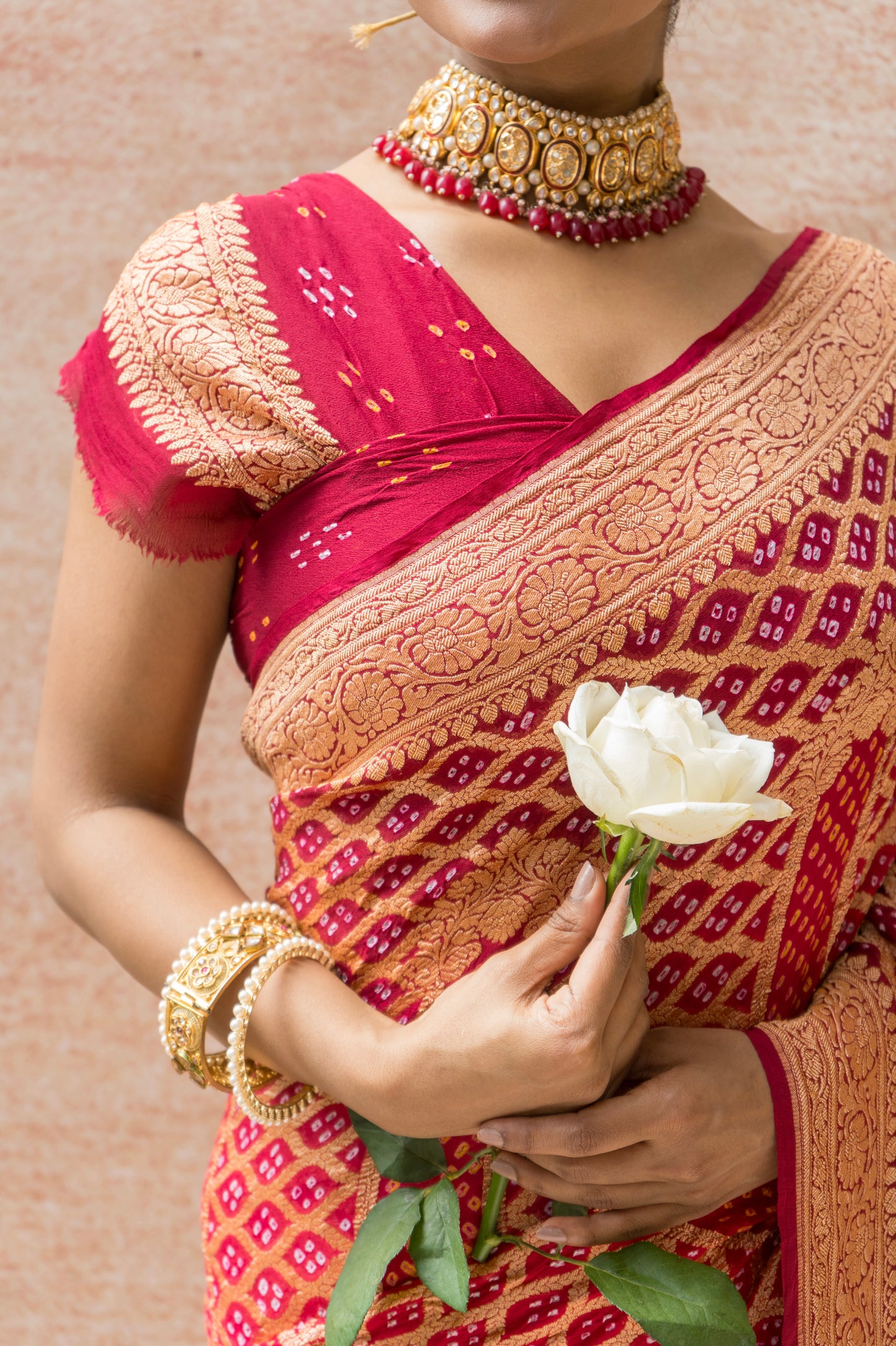Georgette Neemzari Stripes Jaal Bandhej Red Saree