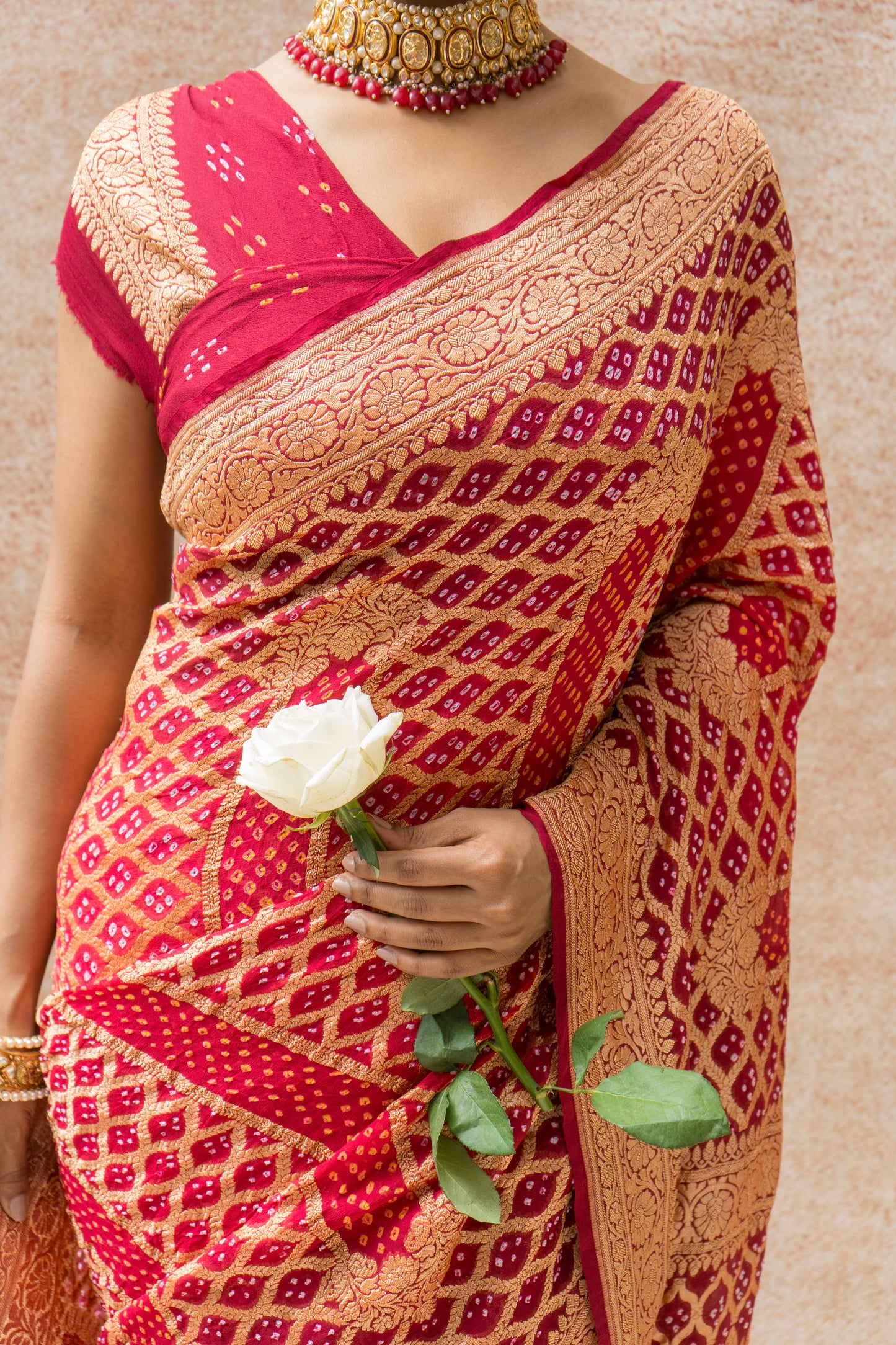 Georgette Neemzari Stripes Jaal Bandhej Red Saree