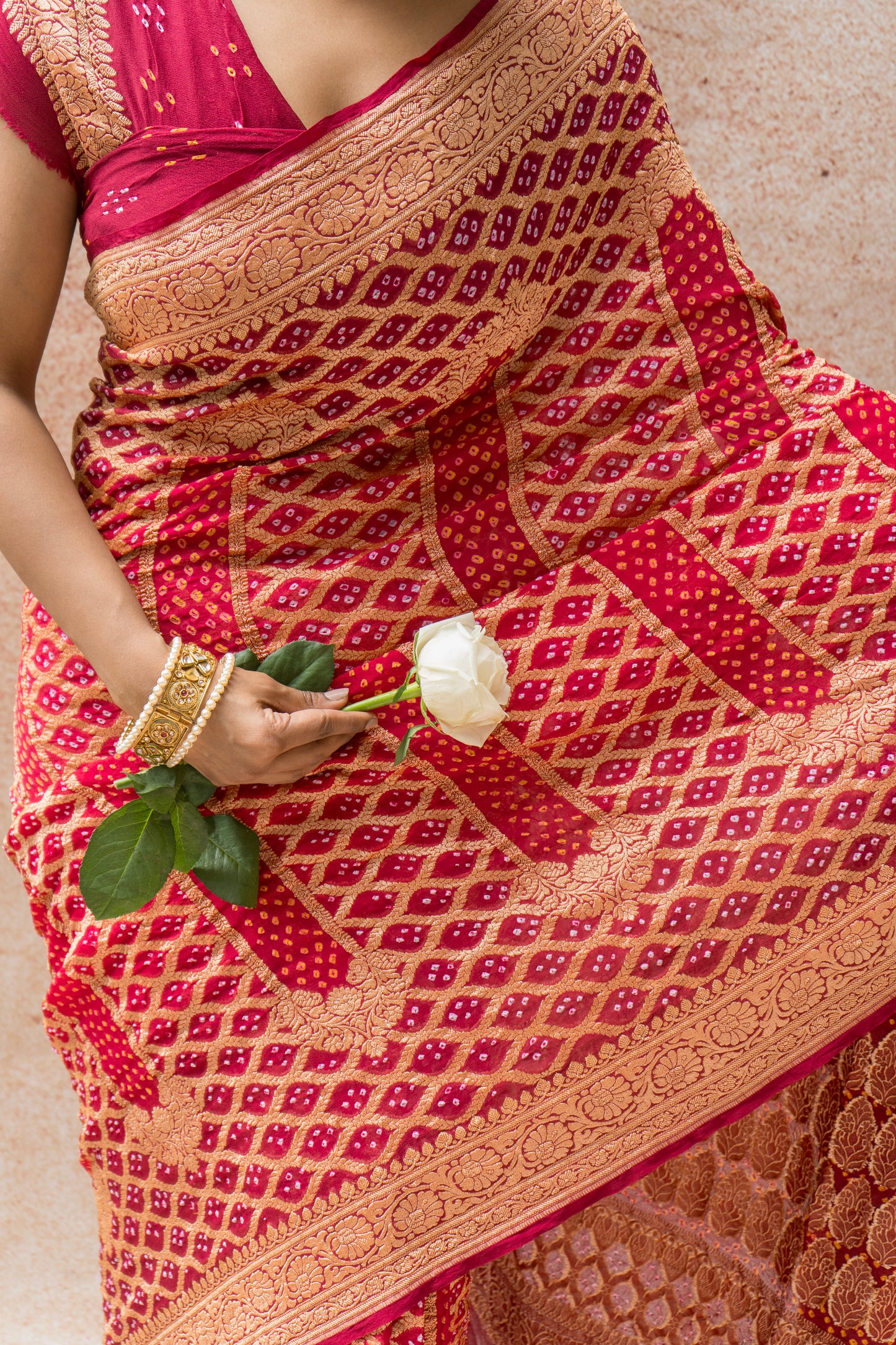Georgette Neemzari Stripes Jaal Bandhej Red Saree