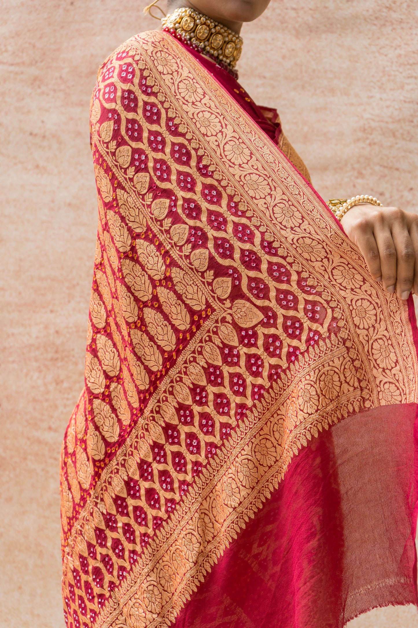 Georgette Neemzari Stripes Jaal Bandhej Red Saree
