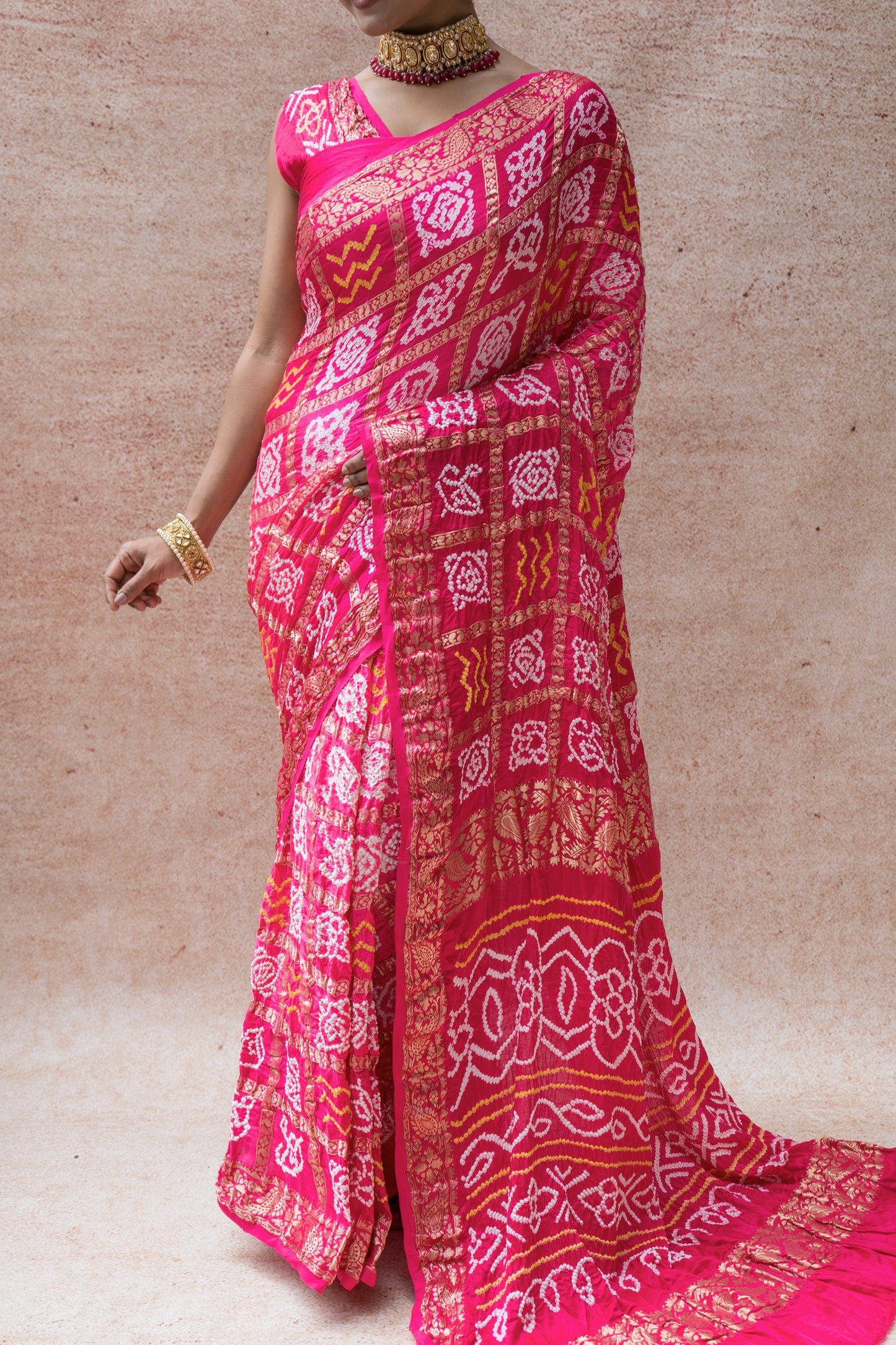 Gajji Naqshi Gharchola Rai Dana Pink Bandhej Saree