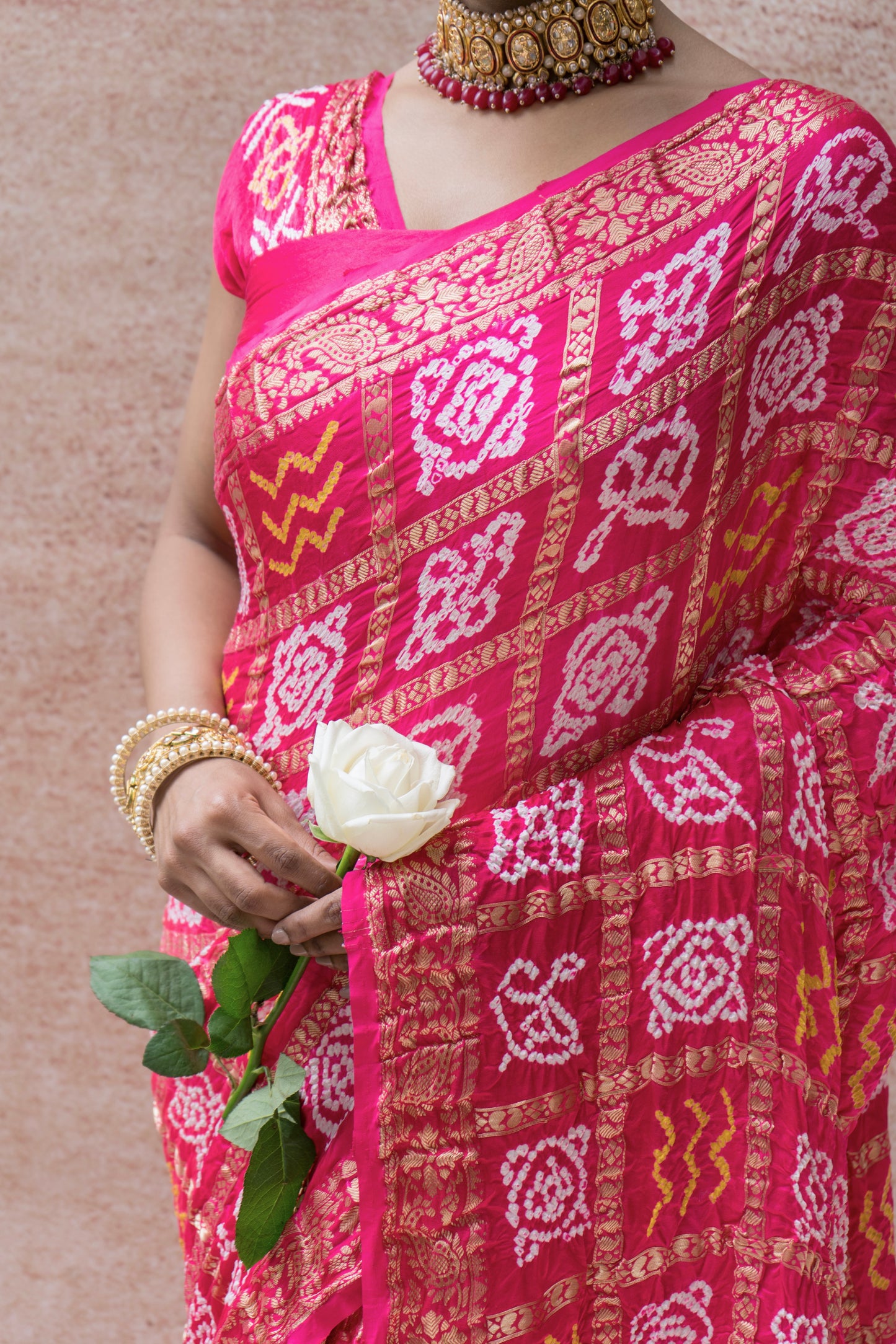 Gajji Naqshi Gharchola Rai Dana Pink Bandhej Saree