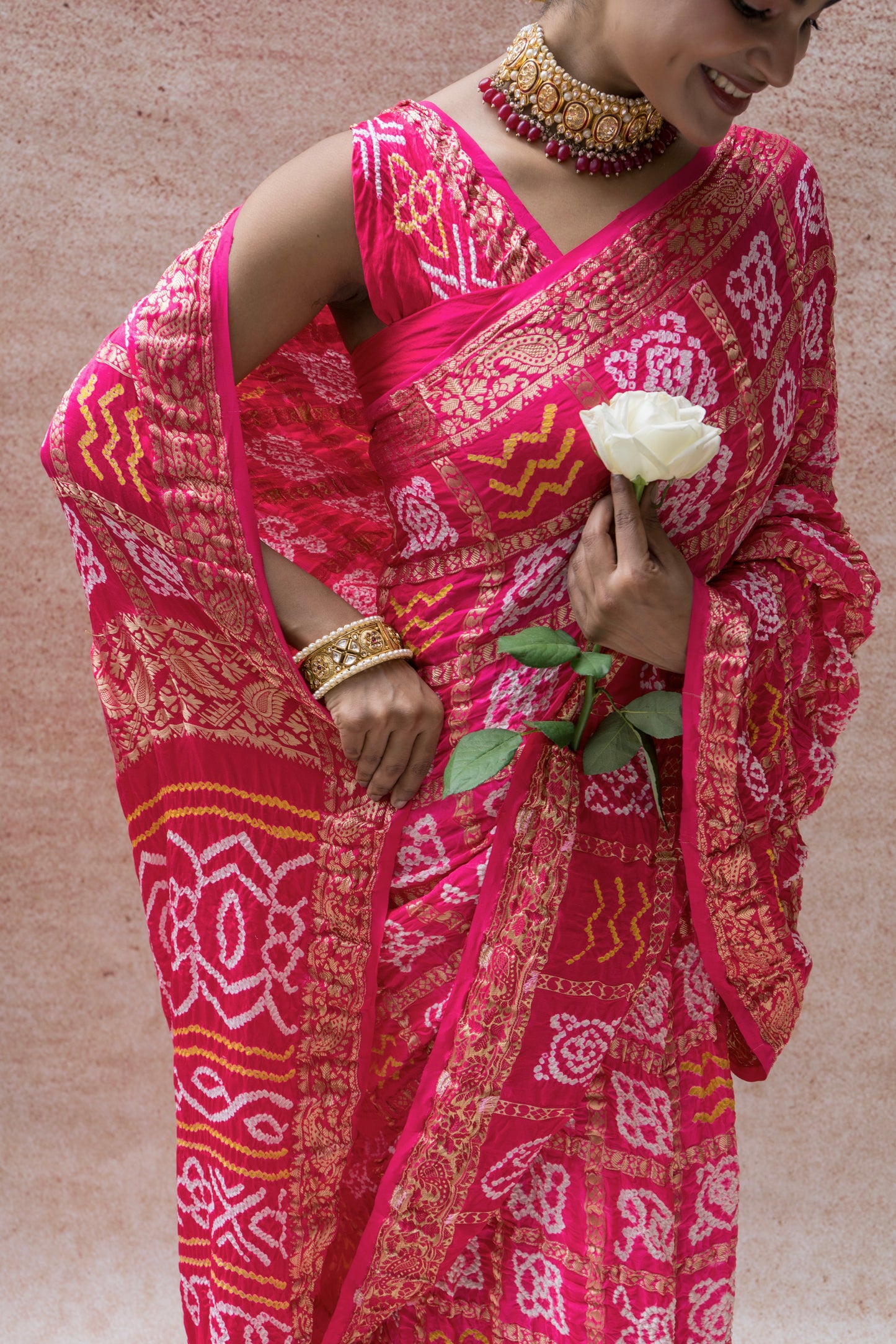 Gajji Naqshi Gharchola Rai Dana Pink Bandhej Saree