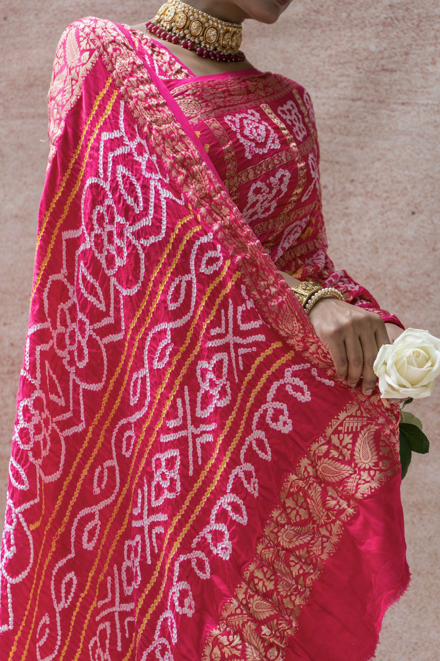 Gajji Naqshi Gharchola Rai Dana Pink Bandhej Saree