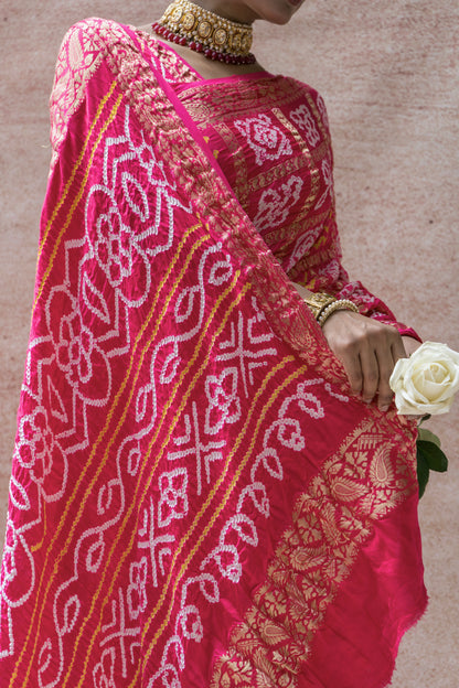 Gajji Naqshi Gharchola Rai Dana Pink Bandhej Saree