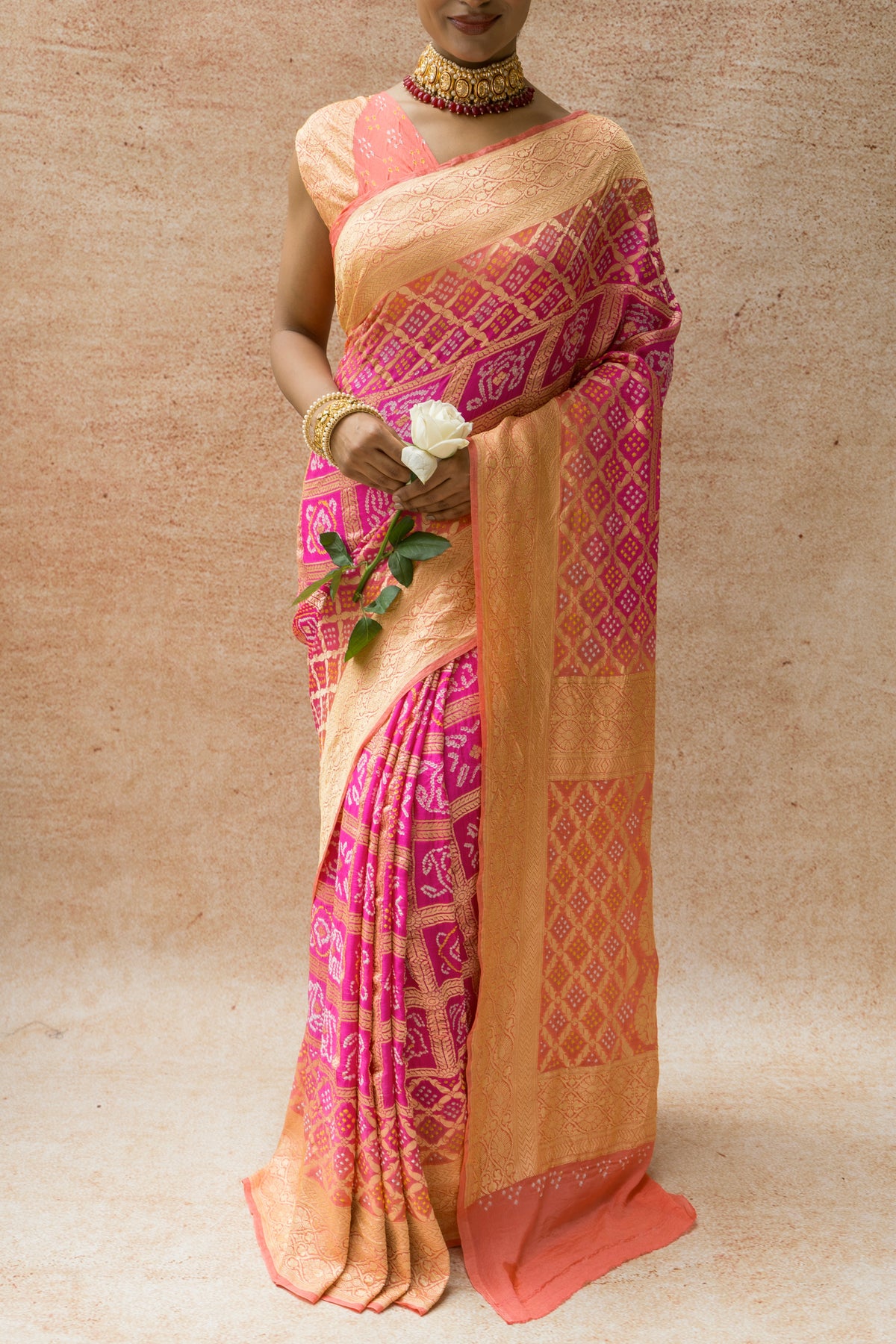 Georgette Gharchola Ombre Pink Bandhej Saree