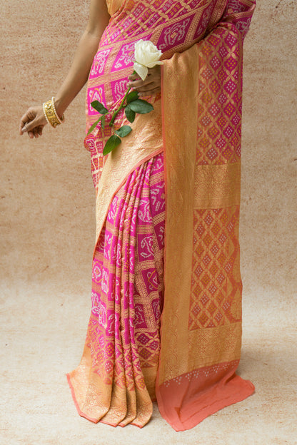 Georgette Gharchola Ombre Pink Bandhej Saree