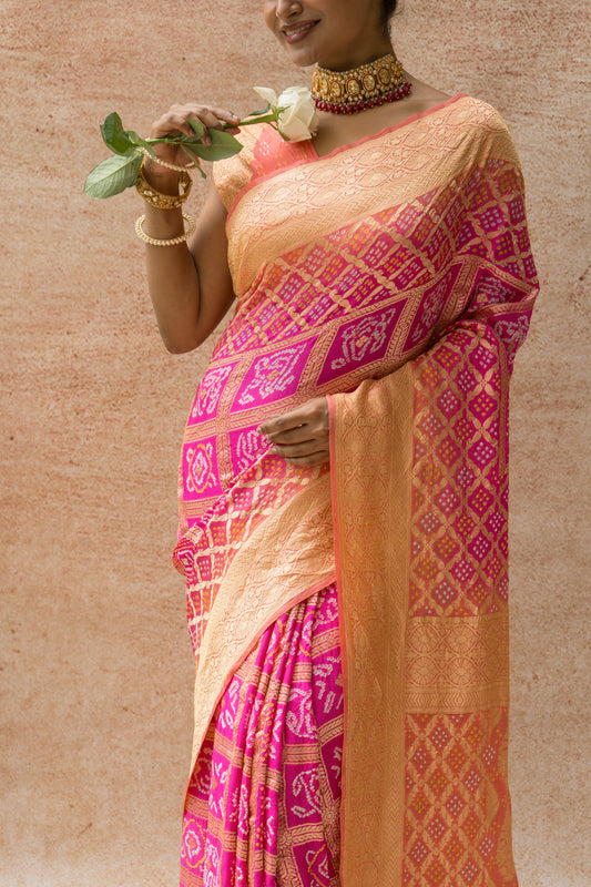 Georgette Gharchola Ombre Pink Bandhej Saree