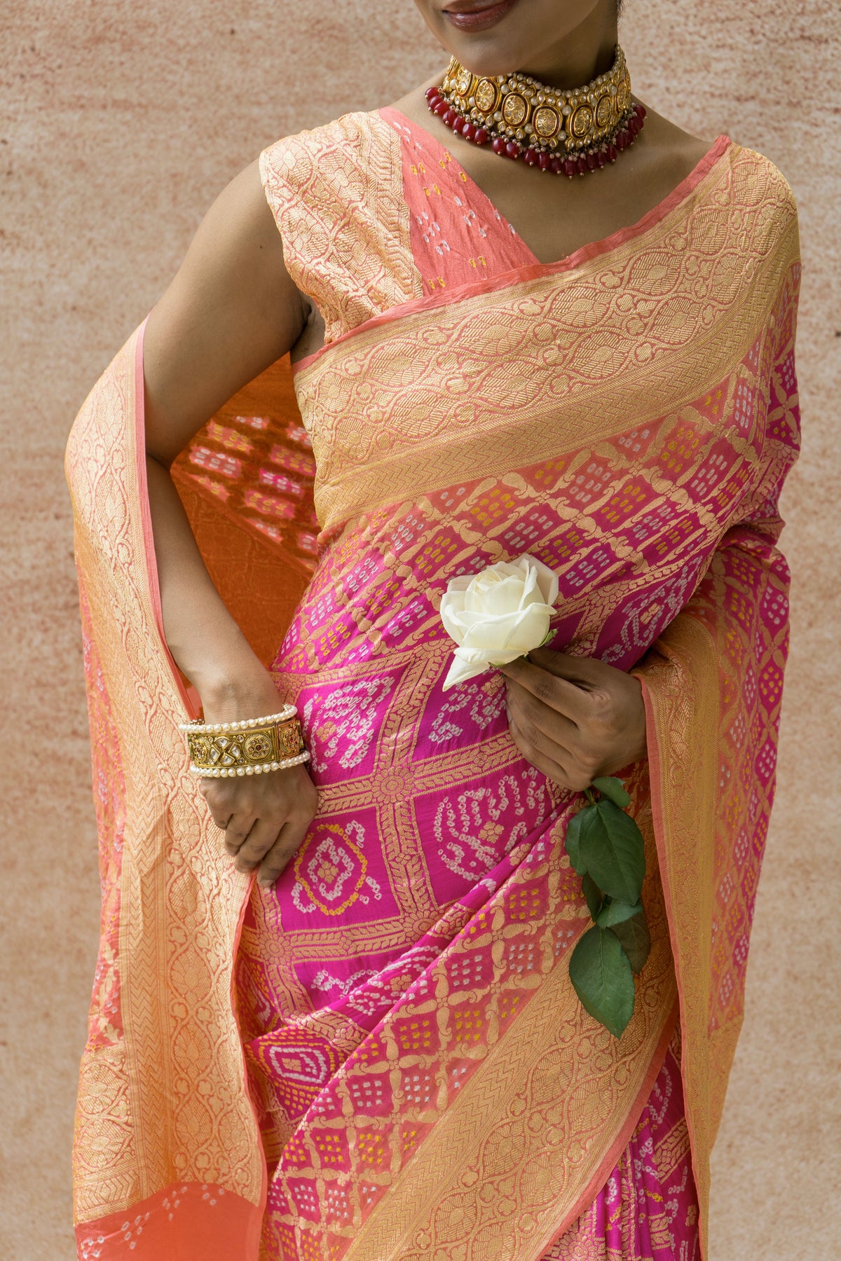Georgette Gharchola Ombre Pink Bandhej Saree
