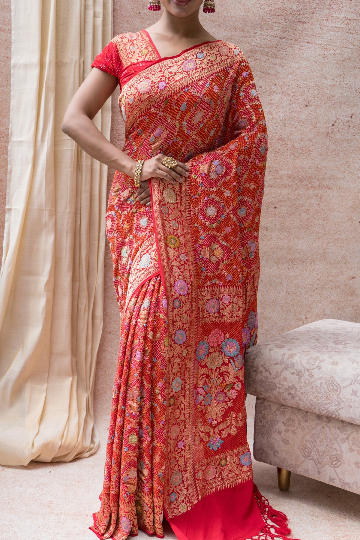 Real Zari Intricate Meenakari Jaal Red Bandhej