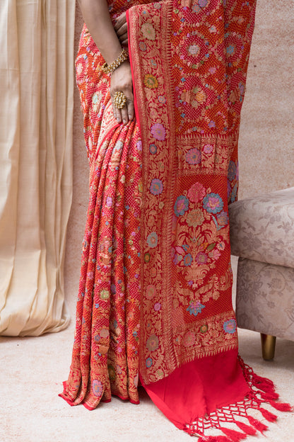 Real Zari Intricate Meenakari Jaal Red Bandhej