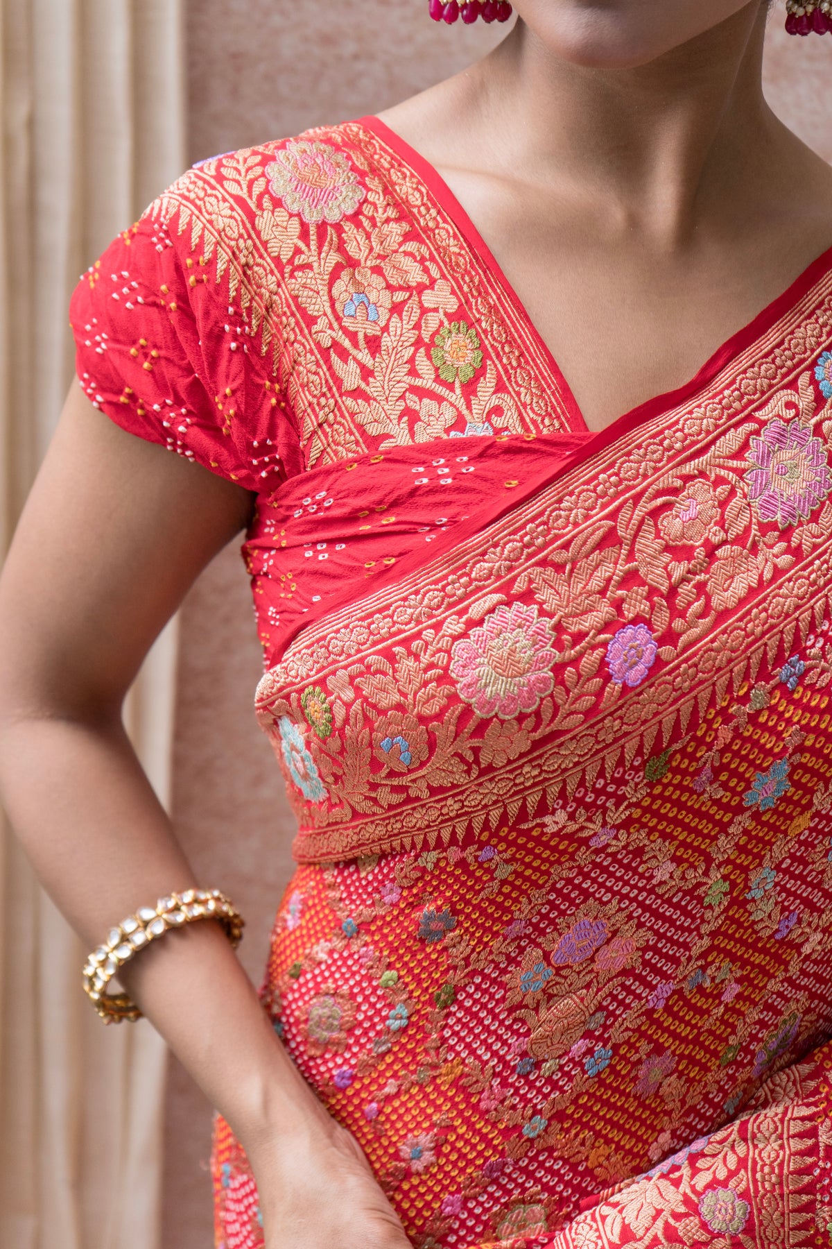 Real Zari Intricate Meenakari Jaal Red Bandhej