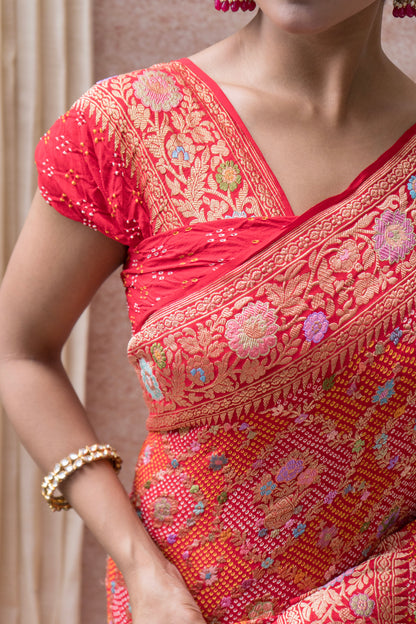Real Zari Intricate Meenakari Jaal Red Bandhej