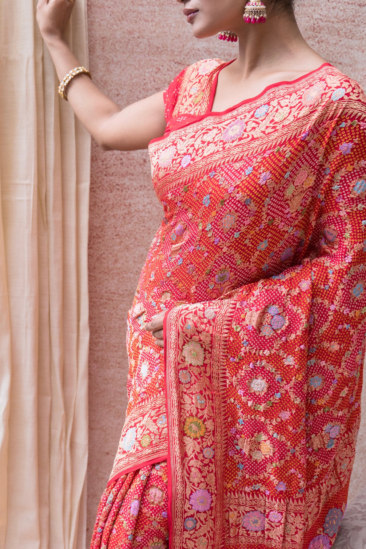 Real Zari Intricate Meenakari Jaal Red Bandhej