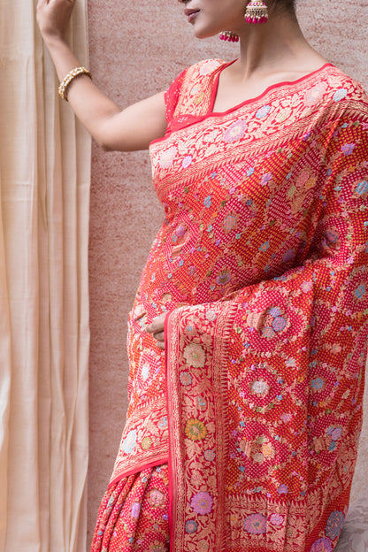 Real Zari Intricate Meenakari Jaal Red Bandhej