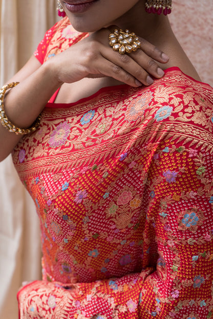 Real Zari Intricate Meenakari Jaal Red Bandhej