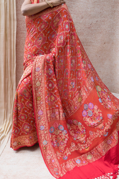 Real Zari Intricate Meenakari Jaal Red Bandhej