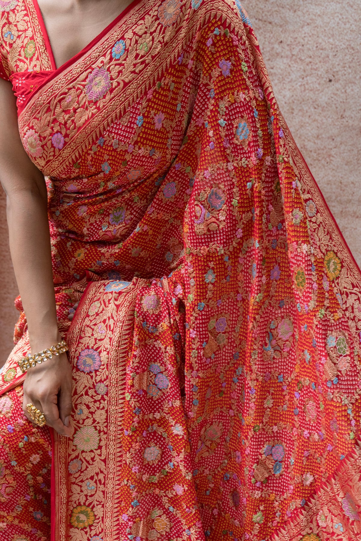 Real Zari Intricate Meenakari Jaal Red Bandhej