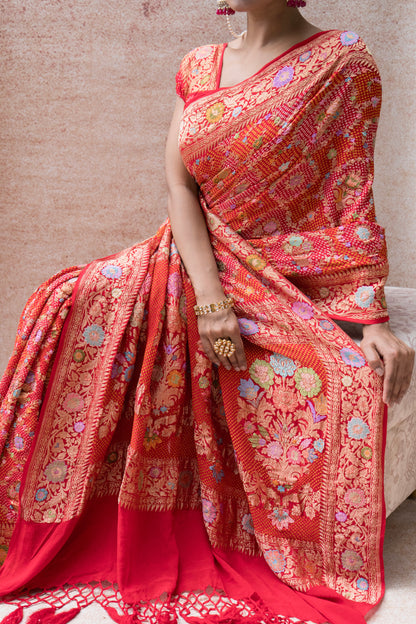 Real Zari Intricate Meenakari Jaal Red Bandhej