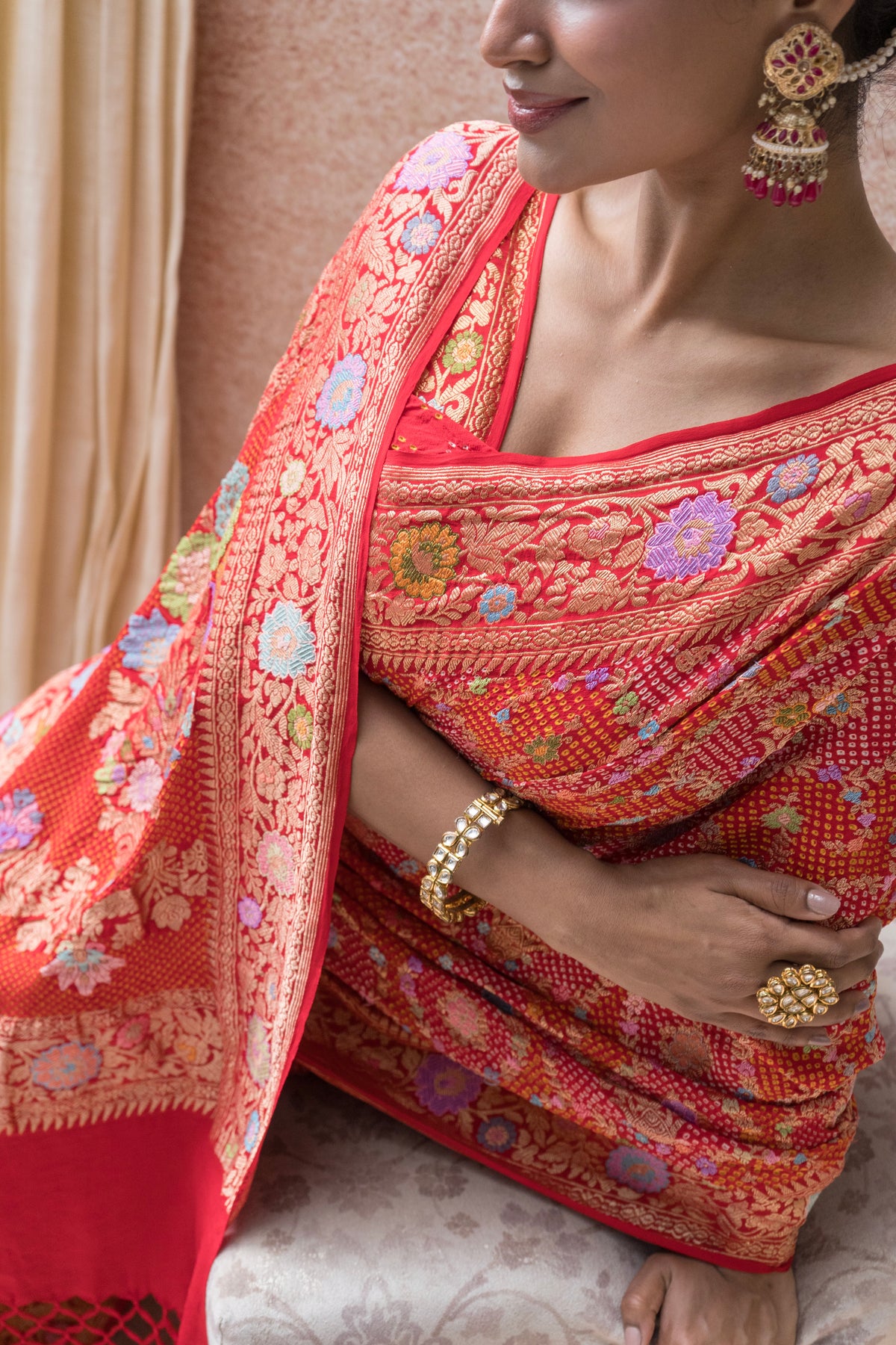 Real Zari Intricate Meenakari Jaal Red Bandhej