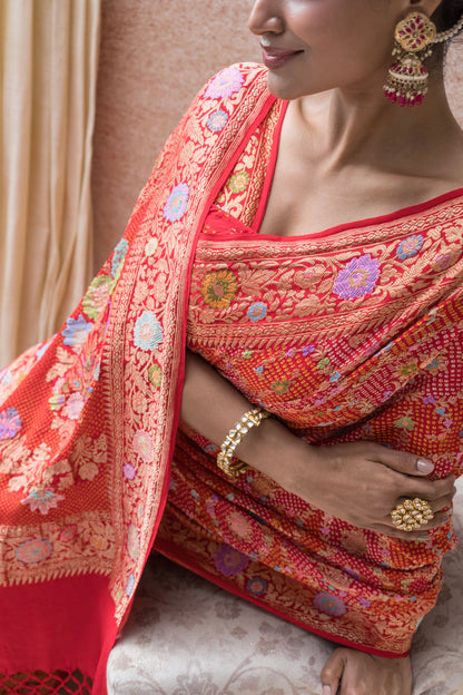 Real Zari Intricate Meenakari Jaal Red Bandhej