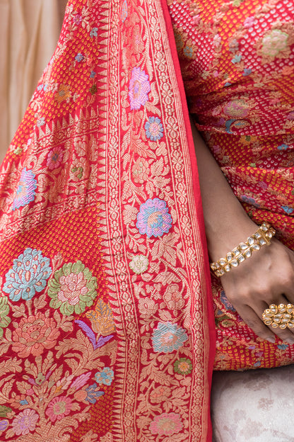 Real Zari Intricate Meenakari Jaal Red Bandhej