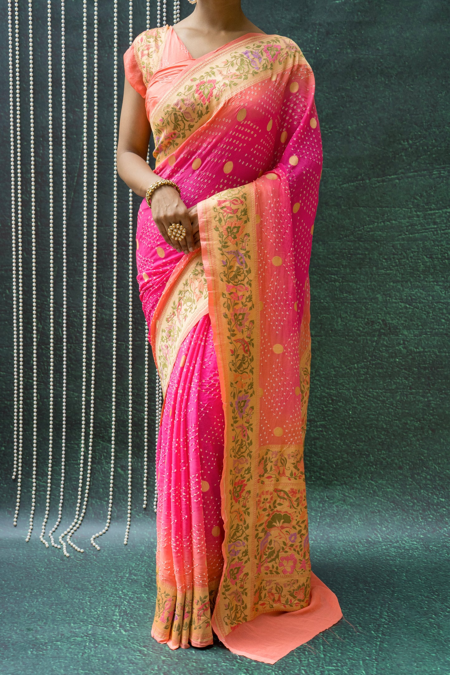 Georgette Paithani Meenakari Pink Ombre Bandhej Saree