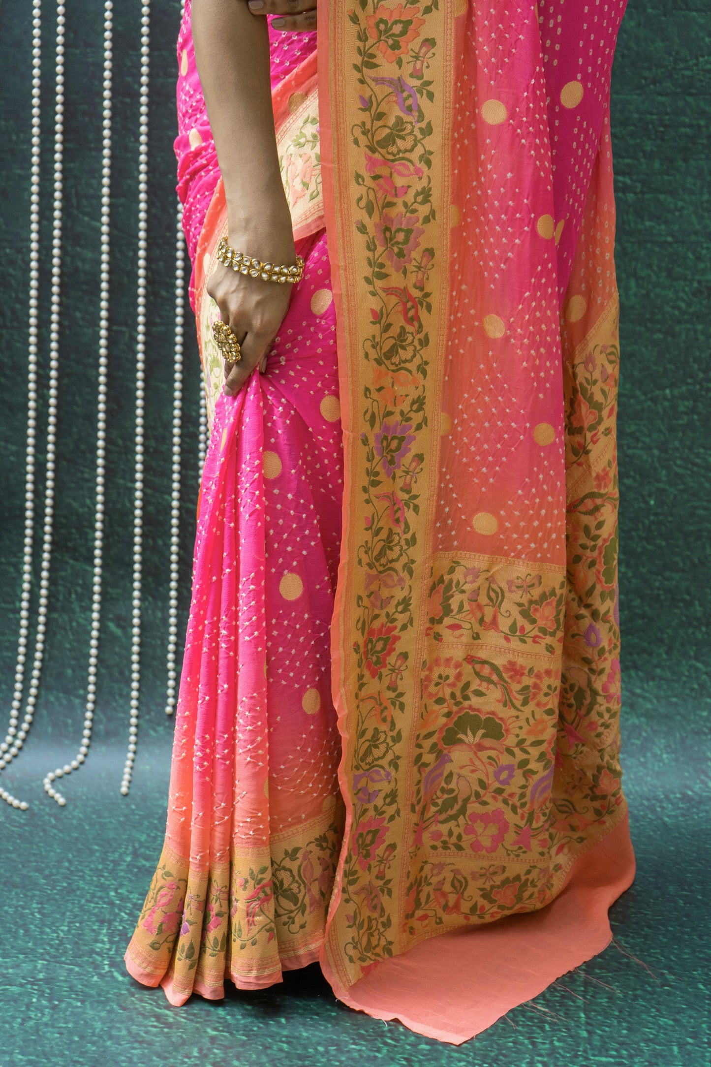 Georgette Paithani Meenakari Pink Ombre Bandhej Saree