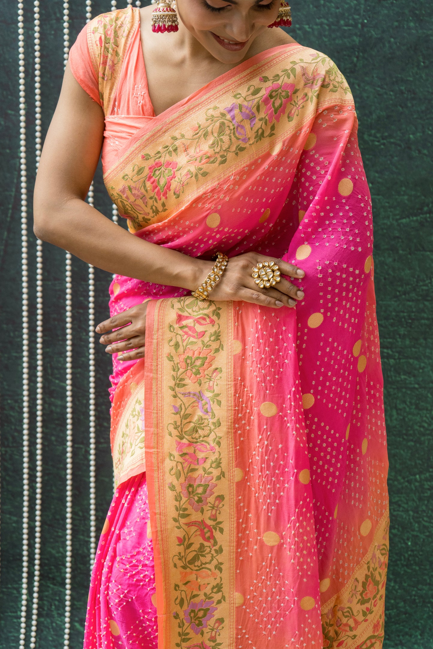Georgette Paithani Meenakari Pink Ombre Bandhej Saree