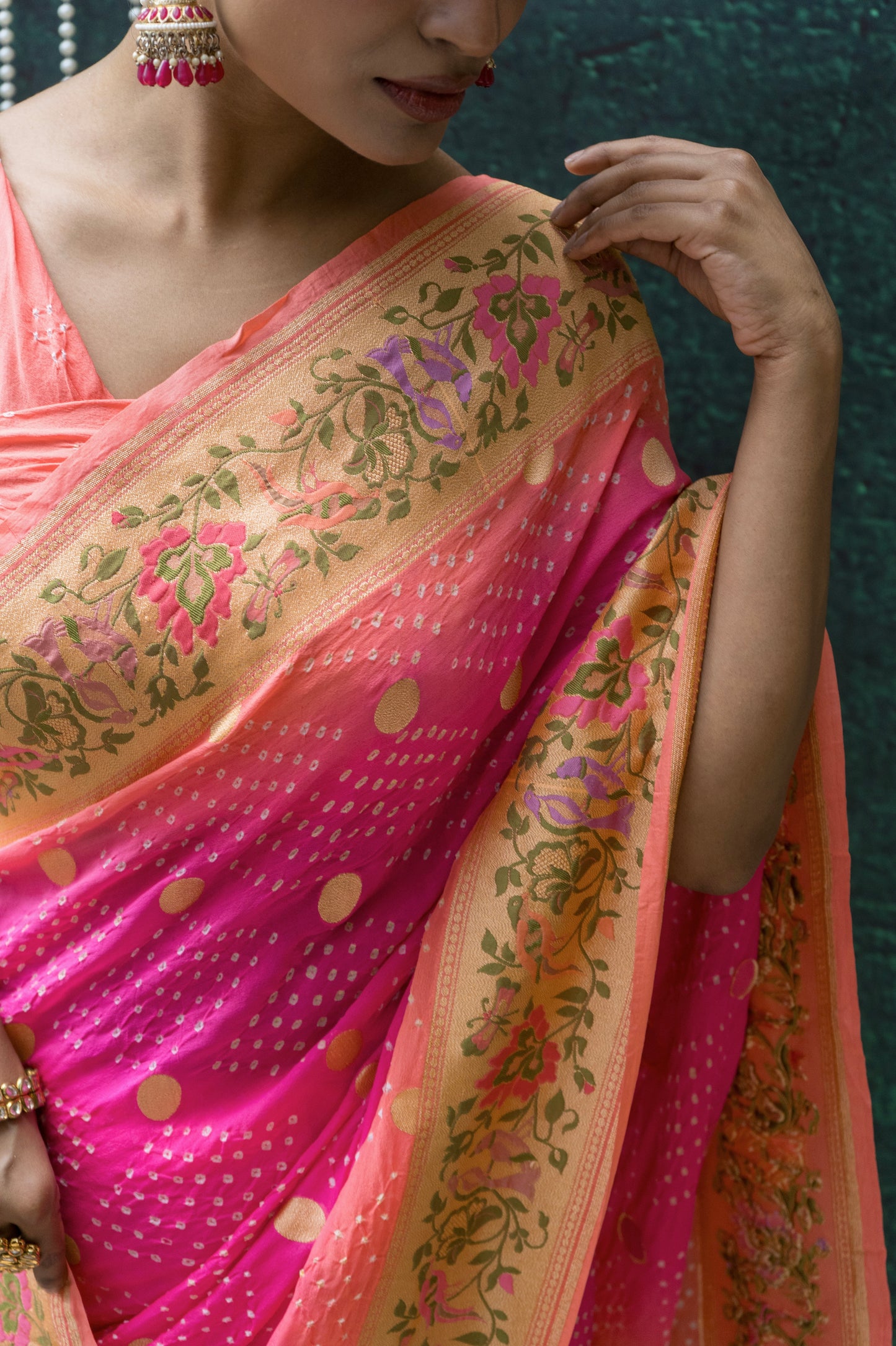 Georgette Paithani Meenakari Pink Ombre Bandhej Saree