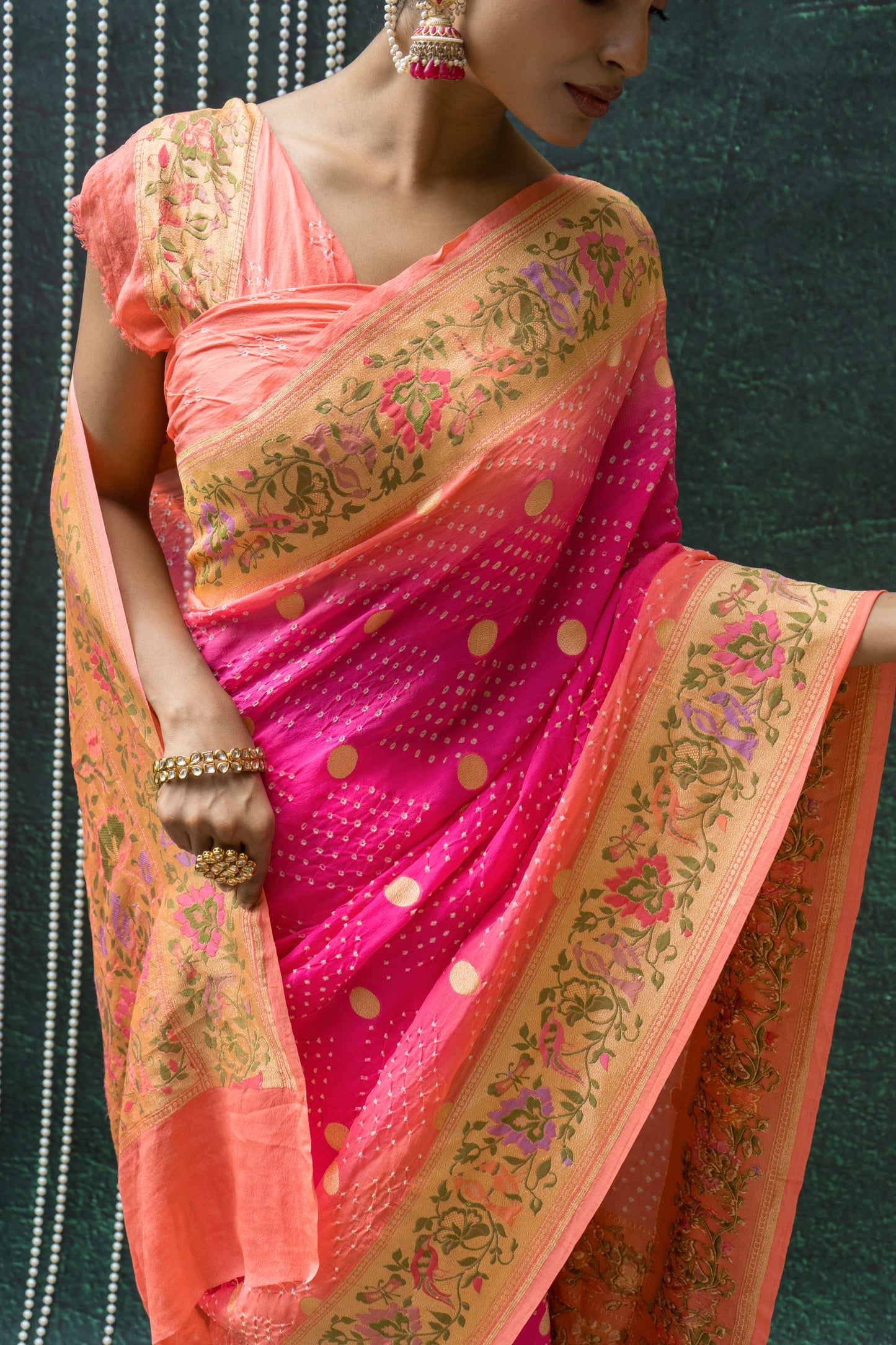 Georgette Paithani Meenakari Pink Ombre Bandhej Saree