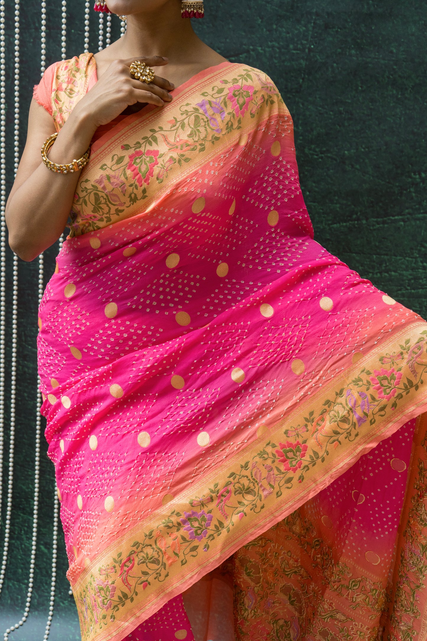 Georgette Paithani Meenakari Pink Ombre Bandhej Saree