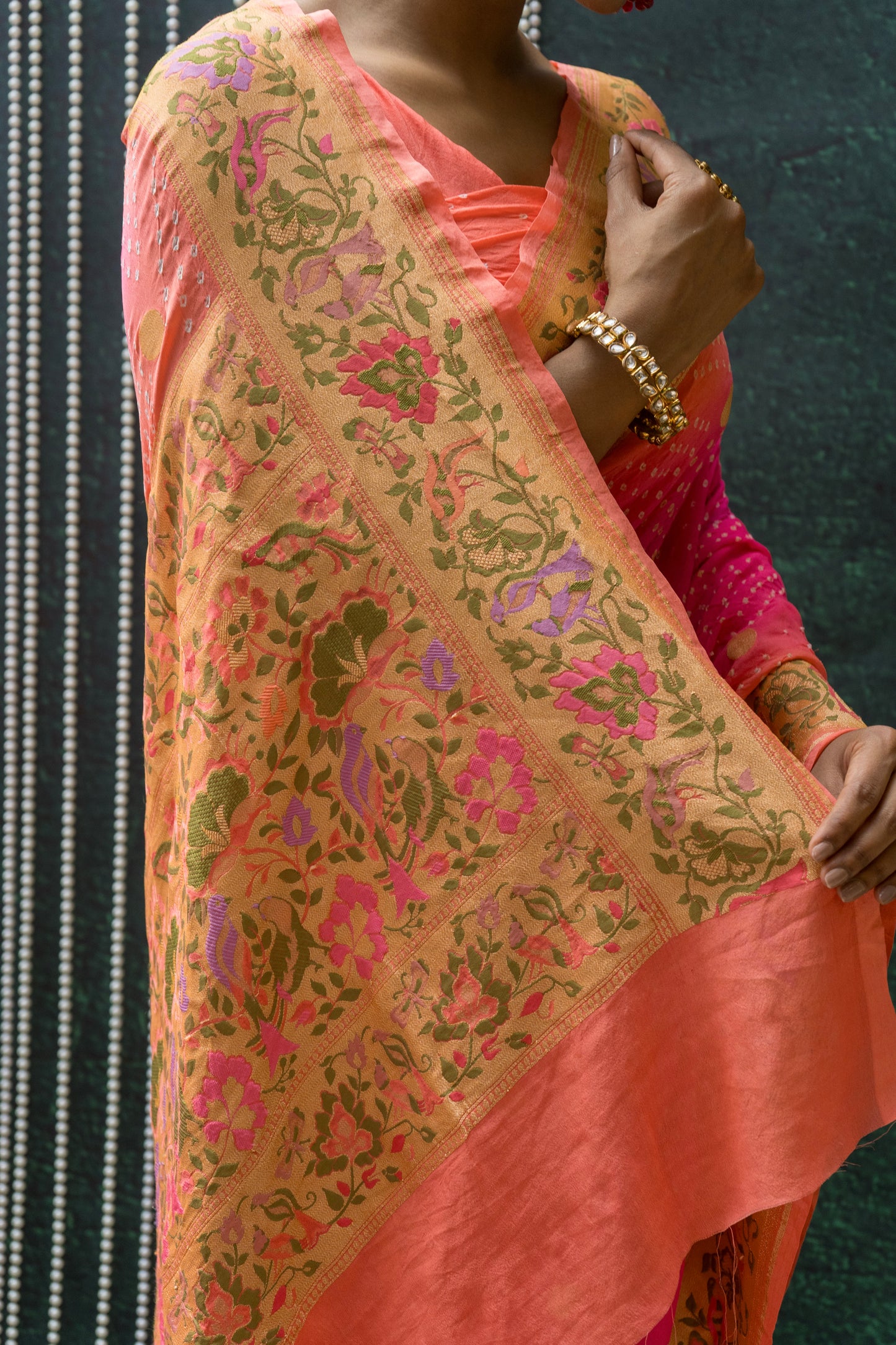 Georgette Paithani Meenakari Pink Ombre Bandhej Saree