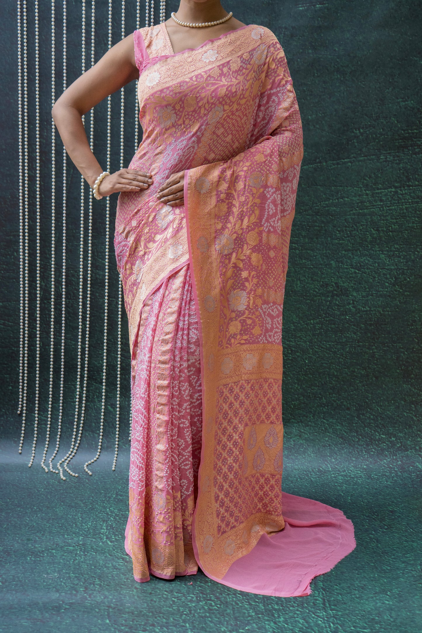 Georgette Sona Rupa Stripes Pastel Pink Bandhej Saree
