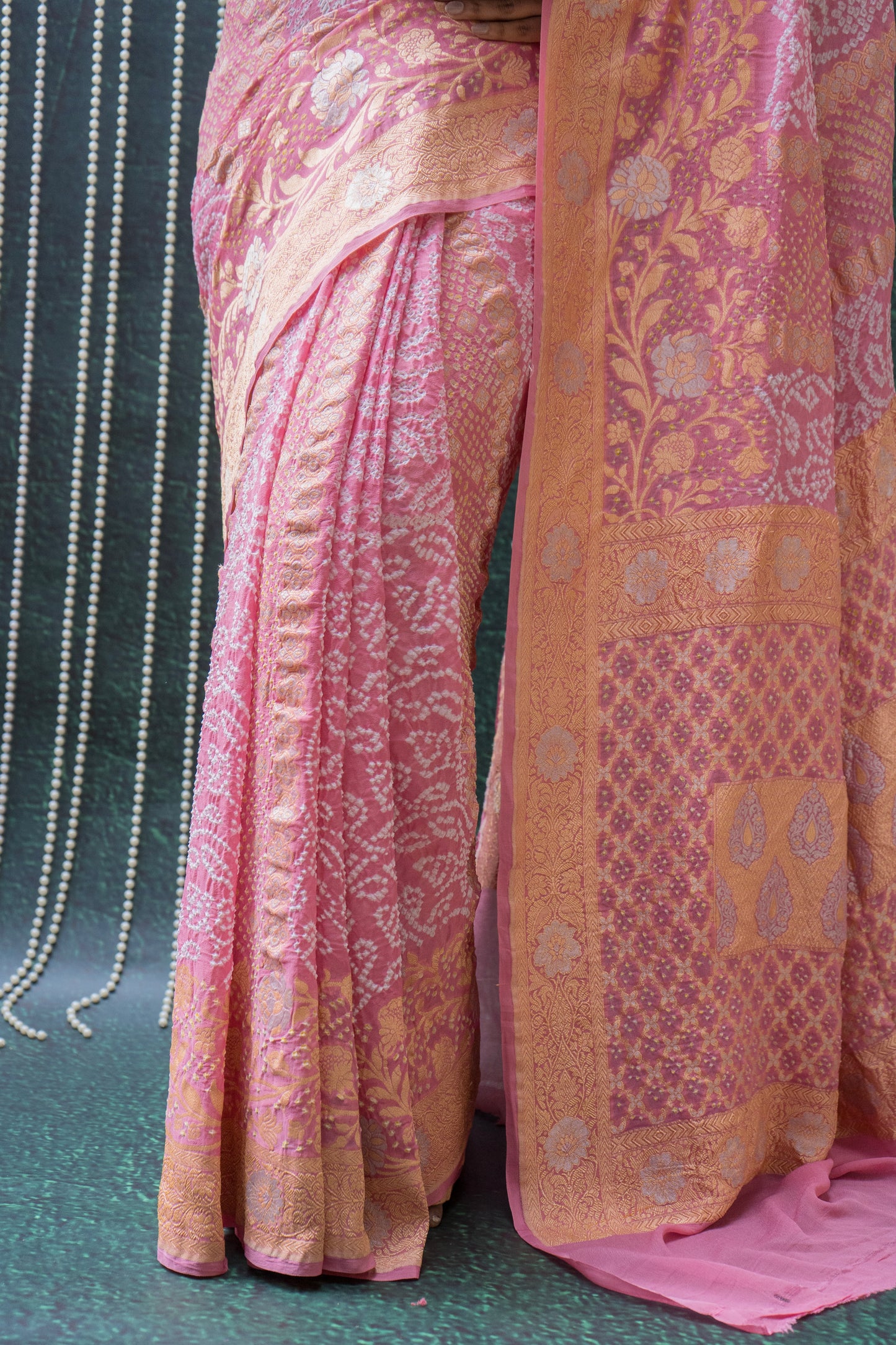 Georgette Sona Rupa Stripes Pastel Pink Bandhej Saree