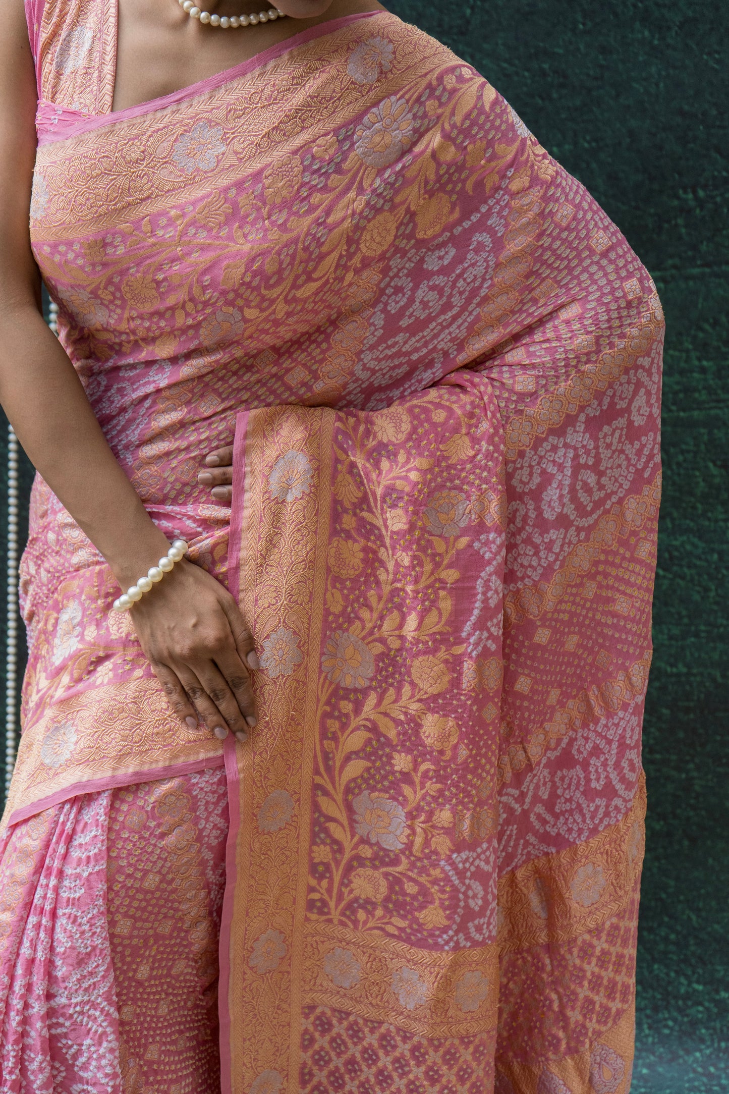 Georgette Sona Rupa Stripes Pastel Pink Bandhej Saree
