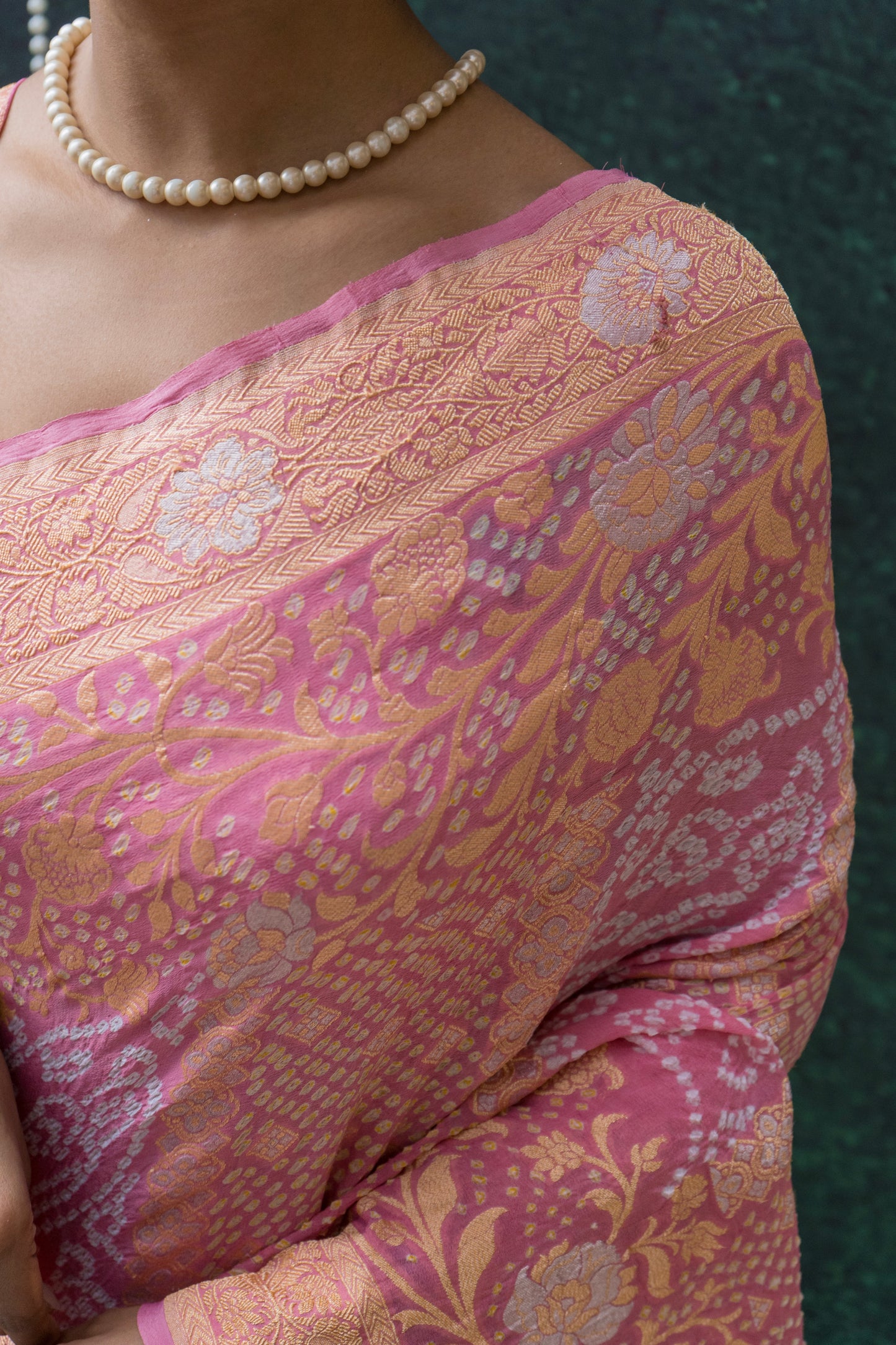 Georgette Sona Rupa Stripes Pastel Pink Bandhej Saree