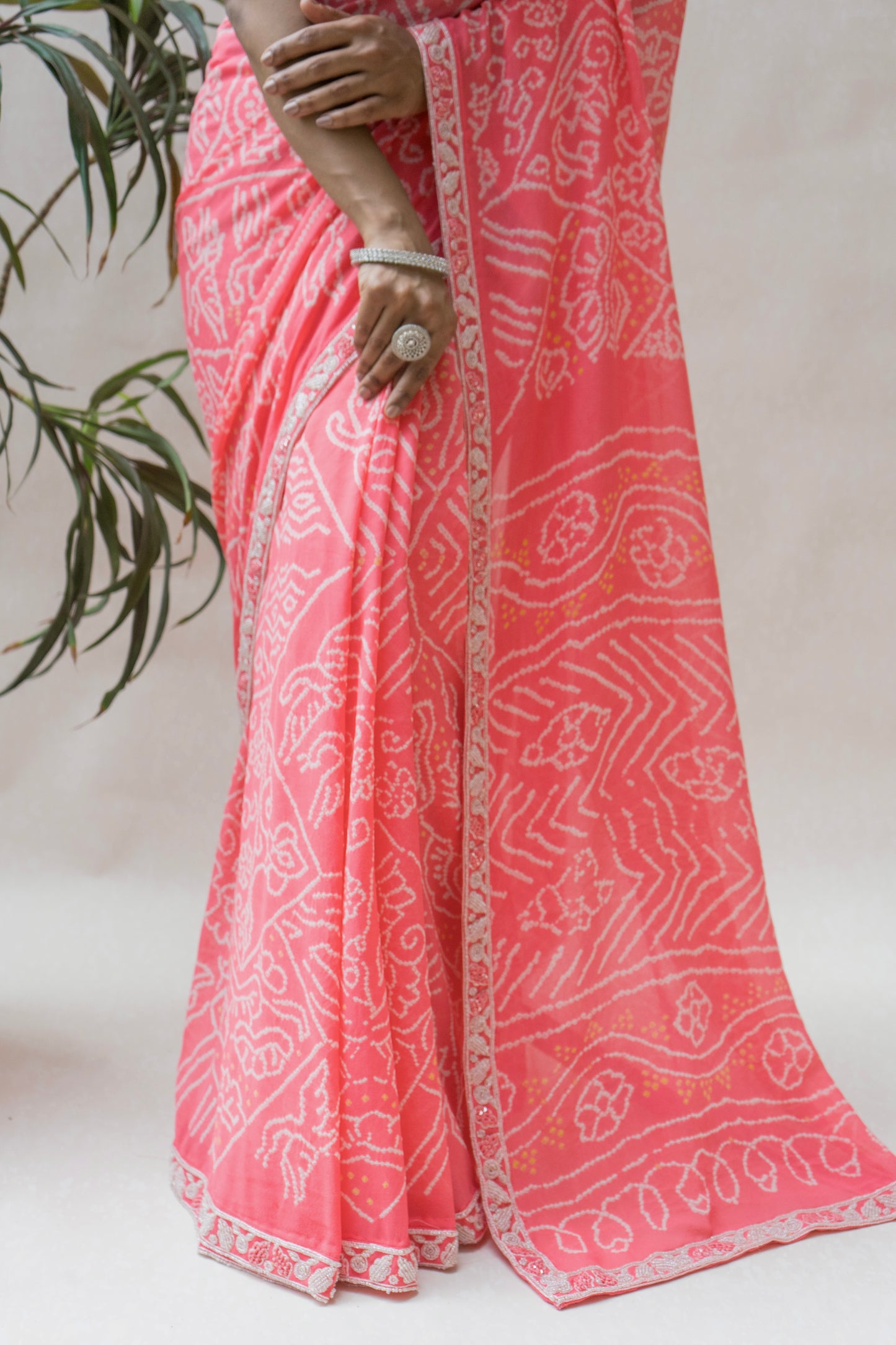 Georgette Hand Embroidered Border Intricate Pink Bandhej Saree