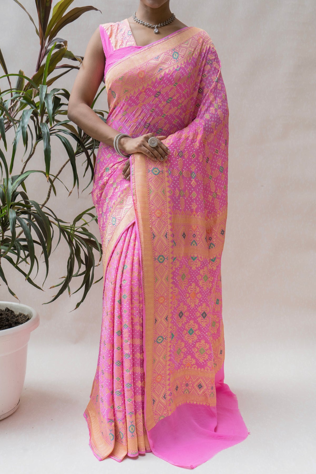 Georgette Patola Meenakari Baby Pink Bandhej Saree