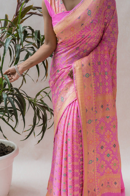 Georgette Patola Meenakari Baby Pink Bandhej Saree