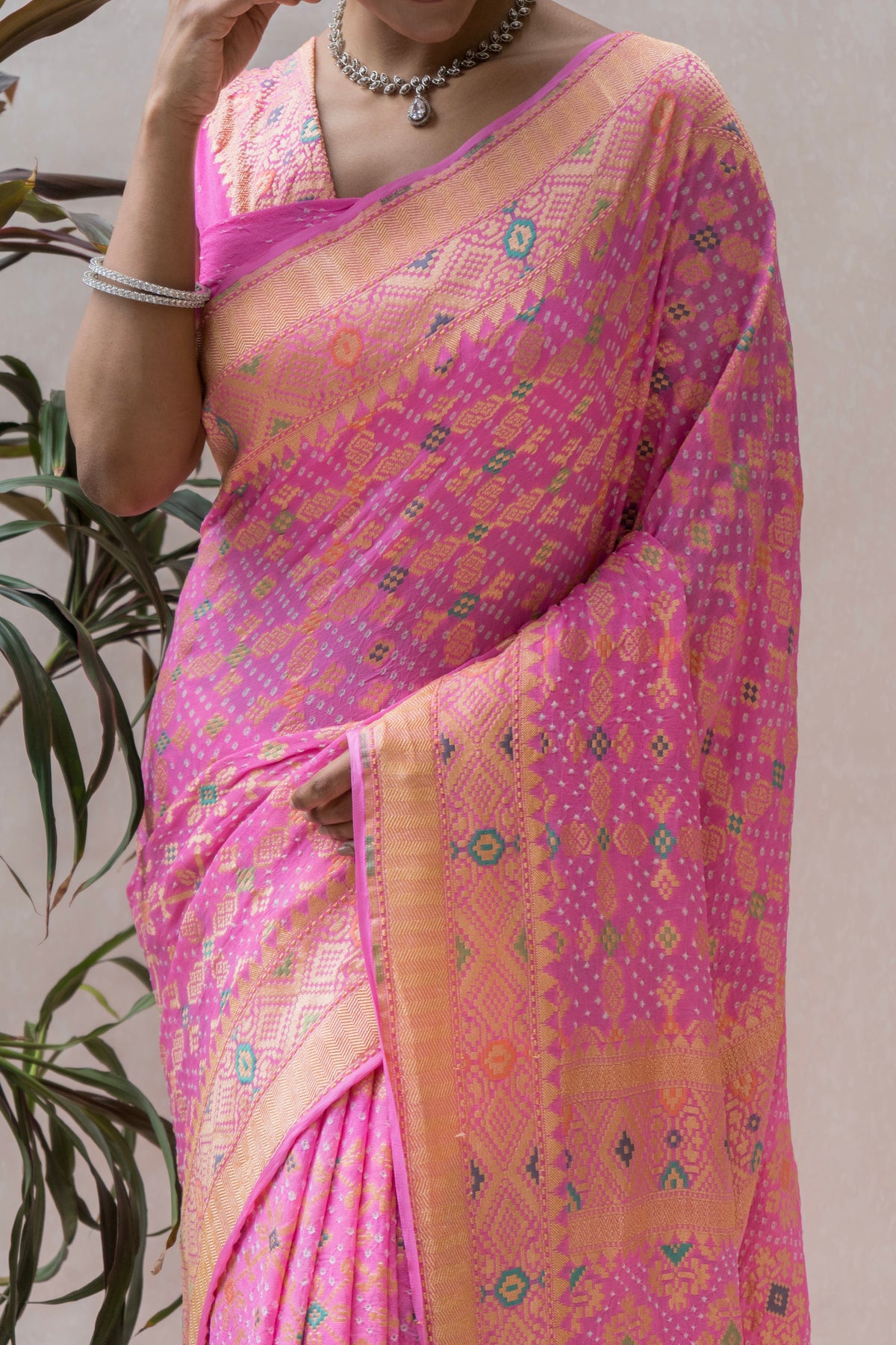 Georgette Patola Meenakari Baby Pink Bandhej Saree