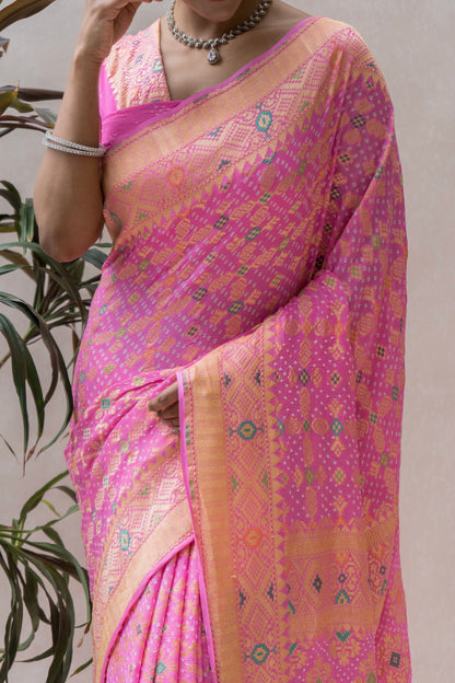 Georgette Patola Meenakari Baby Pink Bandhej Saree