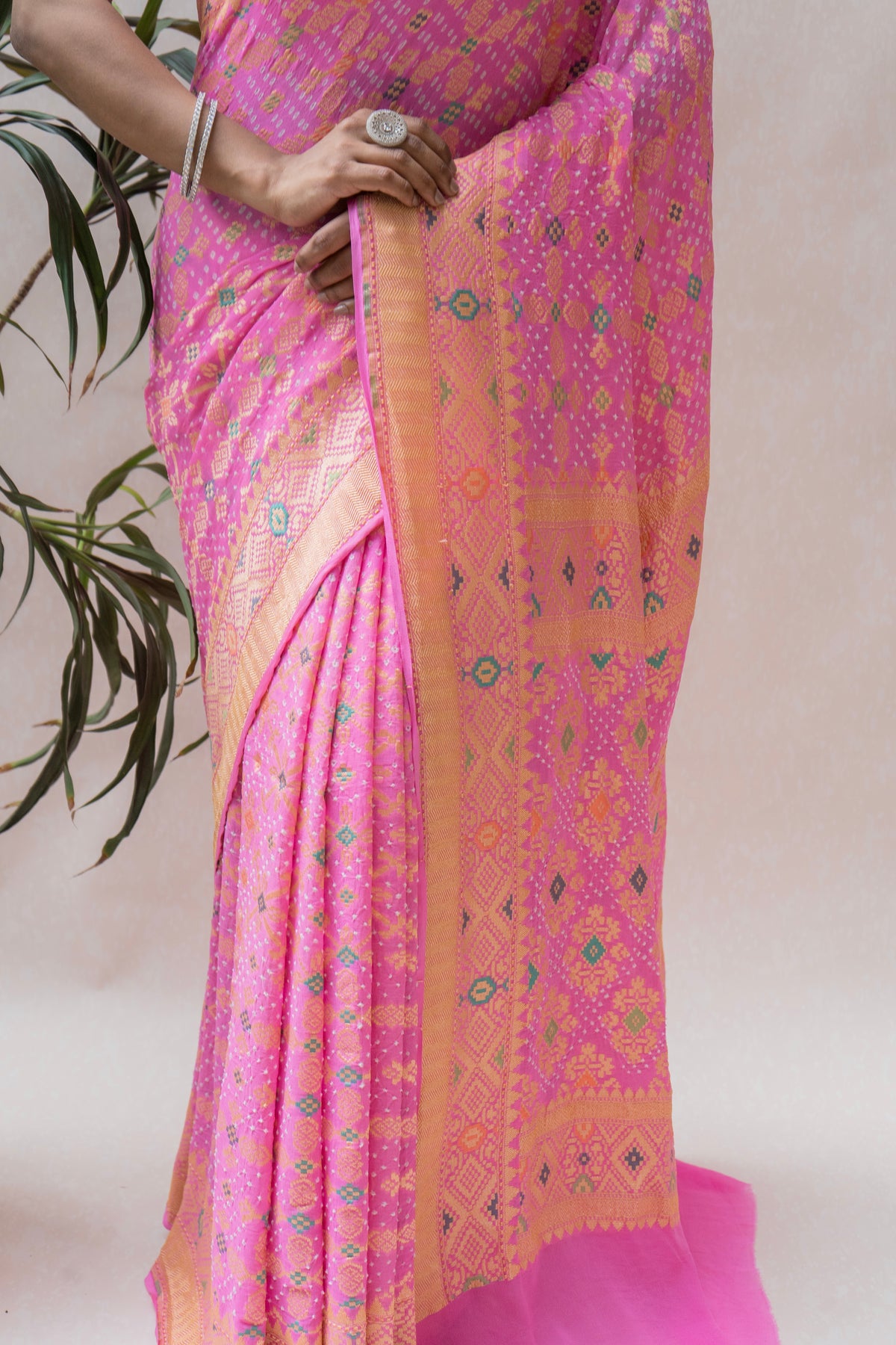 Georgette Patola Meenakari Baby Pink Bandhej Saree