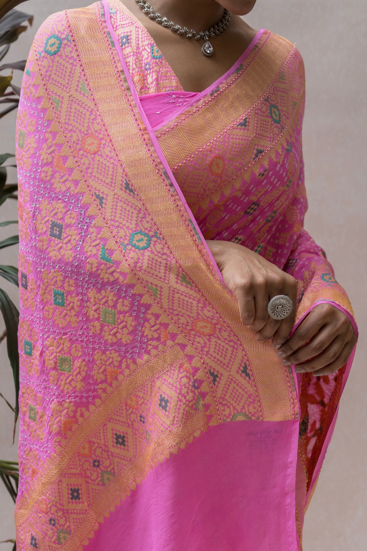 Georgette Patola Meenakari Baby Pink Bandhej Saree