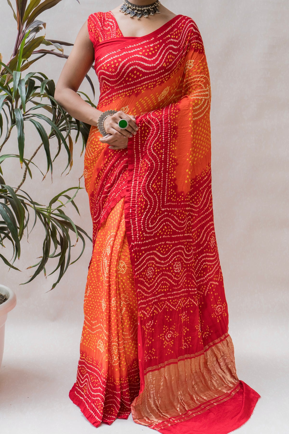 Gajji Orange-Red Chandrakhoni Bandhej Saree